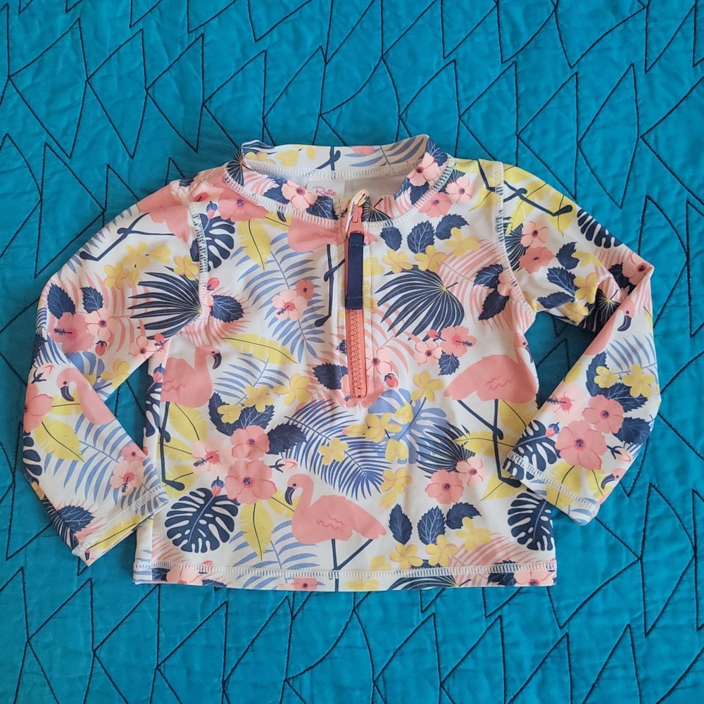 RuffleButts Rash Guard Swim Top 2T Flamingo Tropical Floral Long Sleeve UPF